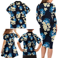 Blue Tropical Hawaii Family Matching Long Sleeve Bodycon Dress and Hawaiian Shirt Seamless Monstera Plumeria Hawaiian Pattern LT14 - Polynesian Pride