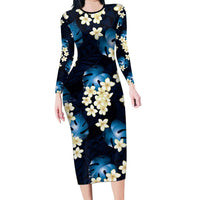 Blue Tropical Hawaii Family Matching Long Sleeve Bodycon Dress and Hawaiian Shirt Seamless Monstera Plumeria Hawaiian Pattern LT14 Mom's Dress Blue - Polynesian Pride
