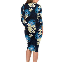 Blue Tropical Hawaii Family Matching Long Sleeve Bodycon Dress and Hawaiian Shirt Seamless Monstera Plumeria Hawaiian Pattern LT14 - Polynesian Pride