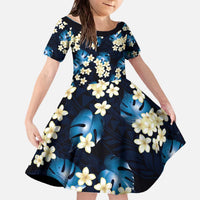 Blue Tropical Hawaii Family Matching Off The Shoulder Long Sleeve Dress and Hawaiian Shirt Seamless Monstera Plumeria Hawaiian Pattern LT14 Daughter's Dress Blue - Polynesian Pride