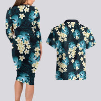 Dark Cyan Tropical Hawaii Couples Matching Long Sleeve Bodycon Dress and Hawaiian Shirt Seamless Monstera Plumeria Hawaiian Pattern LT14 - Polynesian Pride