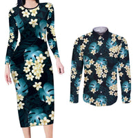 Dark Cyan Tropical Hawaii Couples Matching Long Sleeve Bodycon Dress and Long Sleeve Button Shirt Seamless Monstera Plumeria Hawaiian Pattern LT14 Dark Cyan - Polynesian Pride