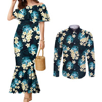 Dark Cyan Tropical Hawaii Couples Matching Mermaid Dress and Long Sleeve Button Shirt Seamless Monstera Plumeria Hawaiian Pattern LT14 Dark Cyan - Polynesian Pride