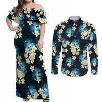 Dark Cyan Tropical Hawaii Couples Matching Off Shoulder Maxi Dress and Long Sleeve Button Shirt Seamless Monstera Plumeria Hawaiian Pattern LT14 Dark Cyan - Polynesian Pride