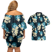 Dark Cyan Tropical Hawaii Couples Matching Off Shoulder Short Dress and Hawaiian Shirt Seamless Monstera Plumeria Hawaiian Pattern LT14 - Polynesian Pride