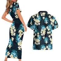 Dark Cyan Tropical Hawaii Couples Matching Short Sleeve Bodycon Dress and Hawaiian Shirt Seamless Monstera Plumeria Hawaiian Pattern LT14 - Polynesian Pride