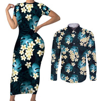 Dark Cyan Tropical Hawaii Couples Matching Short Sleeve Bodycon Dress and Long Sleeve Button Shirt Seamless Monstera Plumeria Hawaiian Pattern LT14 Dark Cyan - Polynesian Pride