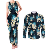 Dark Cyan Tropical Hawaii Couples Matching Tank Maxi Dress and Long Sleeve Button Shirt Seamless Monstera Plumeria Hawaiian Pattern LT14 Dark Cyan - Polynesian Pride