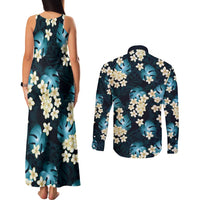 Dark Cyan Tropical Hawaii Couples Matching Tank Maxi Dress and Long Sleeve Button Shirt Seamless Monstera Plumeria Hawaiian Pattern LT14 - Polynesian Pride