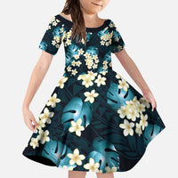 Dark Cyan Tropical Hawaii Family Matching Mermaid Dress and Hawaiian Shirt Seamless Monstera Plumeria Hawaiian Pattern LT14 Daughter's Dress Dark Cyan - Polynesian Pride