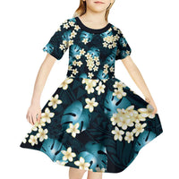 Dark Cyan Tropical Hawaii Kid Short Sleeve Dress Seamless Monstera Plumeria Hawaiian Pattern - Polynesian Pride