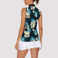 Dark Cyan Tropical Hawaii Women Sleeveless Polo Shirt Seamless Monstera Plumeria Hawaiian Pattern LT14 - Polynesian Pride