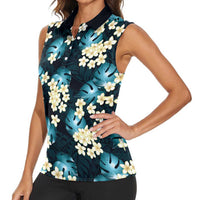 Dark Cyan Tropical Hawaii Women Sleeveless Polo Shirt Seamless Monstera Plumeria Hawaiian Pattern LT14 - Polynesian Pride