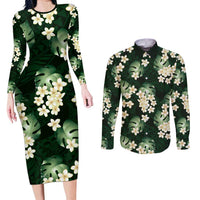Green Tropical Hawaii Couples Matching Long Sleeve Bodycon Dress and Long Sleeve Button Shirt Seamless Monstera Plumeria Hawaiian Pattern LT14 Green - Polynesian Pride