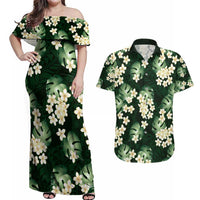 Green Tropical Hawaii Couples Matching Off Shoulder Maxi Dress and Hawaiian Shirt Seamless Monstera Plumeria Hawaiian Pattern LT14 Green - Polynesian Pride