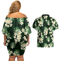 Green Tropical Hawaii Couples Matching Off Shoulder Short Dress and Hawaiian Shirt Seamless Monstera Plumeria Hawaiian Pattern LT14 - Polynesian Pride