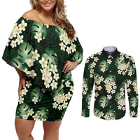 Green Tropical Hawaii Couples Matching Off Shoulder Short Dress and Long Sleeve Button Shirt Seamless Monstera Plumeria Hawaiian Pattern LT14 Green - Polynesian Pride