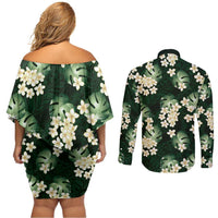 Green Tropical Hawaii Couples Matching Off Shoulder Short Dress and Long Sleeve Button Shirt Seamless Monstera Plumeria Hawaiian Pattern LT14 - Polynesian Pride
