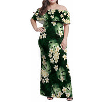 Green Tropical Hawaii Family Matching Off Shoulder Maxi Dress and Hawaiian Shirt Seamless Monstera Plumeria Hawaiian Pattern LT14 Mom's Dress Green - Polynesian Pride