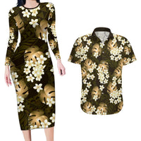Gold Tropical Hawaii Couples Matching Long Sleeve Bodycon Dress and Hawaiian Shirt Seamless Monstera Plumeria Hawaiian Pattern LT14 Gold - Polynesian Pride