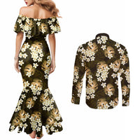 Gold Tropical Hawaii Couples Matching Mermaid Dress and Long Sleeve Button Shirt Seamless Monstera Plumeria Hawaiian Pattern LT14 - Polynesian Pride