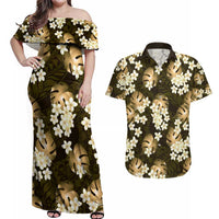 Gold Tropical Hawaii Couples Matching Off Shoulder Maxi Dress and Hawaiian Shirt Seamless Monstera Plumeria Hawaiian Pattern LT14 Gold - Polynesian Pride