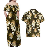 Gold Tropical Hawaii Couples Matching Off Shoulder Maxi Dress and Hawaiian Shirt Seamless Monstera Plumeria Hawaiian Pattern LT14 - Polynesian Pride