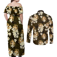 Gold Tropical Hawaii Couples Matching Off Shoulder Maxi Dress and Long Sleeve Button Shirt Seamless Monstera Plumeria Hawaiian Pattern LT14 - Polynesian Pride
