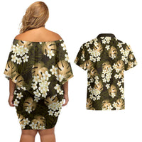 Gold Tropical Hawaii Couples Matching Off Shoulder Short Dress and Hawaiian Shirt Seamless Monstera Plumeria Hawaiian Pattern LT14 - Polynesian Pride