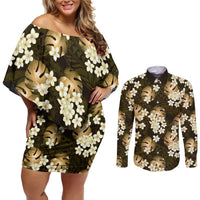 Gold Tropical Hawaii Couples Matching Off Shoulder Short Dress and Long Sleeve Button Shirt Seamless Monstera Plumeria Hawaiian Pattern LT14 Gold - Polynesian Pride