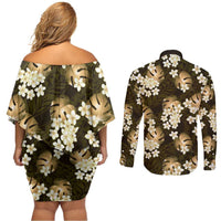 Gold Tropical Hawaii Couples Matching Off Shoulder Short Dress and Long Sleeve Button Shirt Seamless Monstera Plumeria Hawaiian Pattern LT14 - Polynesian Pride