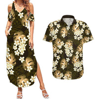 Gold Tropical Hawaii Couples Matching Summer Maxi Dress and Hawaiian Shirt Seamless Monstera Plumeria Hawaiian Pattern LT14 Gold - Polynesian Pride