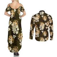 Gold Tropical Hawaii Couples Matching Summer Maxi Dress and Long Sleeve Button Shirt Seamless Monstera Plumeria Hawaiian Pattern LT14 - Polynesian Pride