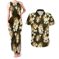 Gold Tropical Hawaii Couples Matching Tank Maxi Dress and Hawaiian Shirt Seamless Monstera Plumeria Hawaiian Pattern LT14 Gold - Polynesian Pride