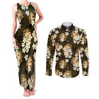 Gold Tropical Hawaii Couples Matching Tank Maxi Dress and Long Sleeve Button Shirt Seamless Monstera Plumeria Hawaiian Pattern LT14 Gold - Polynesian Pride