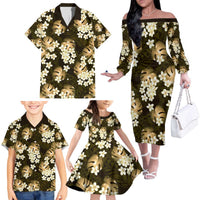 Gold Tropical Hawaii Family Matching Off The Shoulder Long Sleeve Dress and Hawaiian Shirt Seamless Monstera Plumeria Hawaiian Pattern LT14 - Polynesian Pride