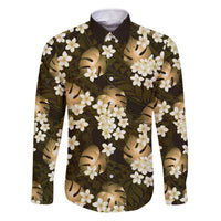 Gold Tropical Hawaii Family Matching Off The Shoulder Long Sleeve Dress and Hawaiian Shirt Seamless Monstera Plumeria Hawaiian Pattern LT14 Dad's Shirt - Long Sleeve Gold - Polynesian Pride