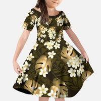 Gold Tropical Hawaii Family Matching Off Shoulder Maxi Dress and Hawaiian Shirt Seamless Monstera Plumeria Hawaiian Pattern LT14 Daughter's Dress Gold - Polynesian Pride