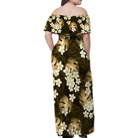 Gold Tropical Hawaii Family Matching Off Shoulder Maxi Dress and Hawaiian Shirt Seamless Monstera Plumeria Hawaiian Pattern LT14 - Polynesian Pride