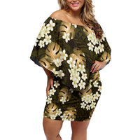 Gold Tropical Hawaii Family Matching Off Shoulder Short Dress and Hawaiian Shirt Seamless Monstera Plumeria Hawaiian Pattern LT14 Mom's Dress Gold - Polynesian Pride
