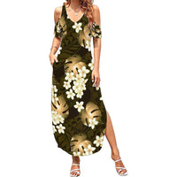 Gold Tropical Hawaii Family Matching Summer Maxi Dress and Hawaiian Shirt Seamless Monstera Plumeria Hawaiian Pattern LT14 Mom's Dress Gold - Polynesian Pride