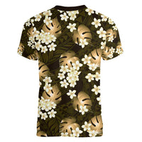 Gold Tropical Hawaii Women V-Neck T-Shirt Seamless Monstera Plumeria Hawaiian Pattern - Polynesian Pride
