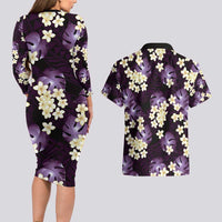 Purple Tropical Hawaii Couples Matching Long Sleeve Bodycon Dress and Hawaiian Shirt Seamless Monstera Plumeria Hawaiian Pattern LT14 - Polynesian Pride