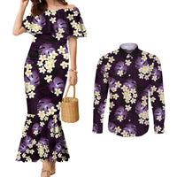 Purple Tropical Hawaii Couples Matching Mermaid Dress and Long Sleeve Button Shirt Seamless Monstera Plumeria Hawaiian Pattern LT14 Purple - Polynesian Pride