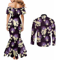 Purple Tropical Hawaii Couples Matching Mermaid Dress and Long Sleeve Button Shirt Seamless Monstera Plumeria Hawaiian Pattern LT14 - Polynesian Pride