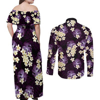 Purple Tropical Hawaii Couples Matching Off Shoulder Maxi Dress and Long Sleeve Button Shirt Seamless Monstera Plumeria Hawaiian Pattern LT14 - Polynesian Pride