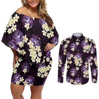 Purple Tropical Hawaii Couples Matching Off Shoulder Short Dress and Long Sleeve Button Shirt Seamless Monstera Plumeria Hawaiian Pattern LT14 Purple - Polynesian Pride