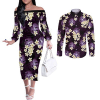 Purple Tropical Hawaii Couples Matching Off The Shoulder Long Sleeve Dress and Long Sleeve Button Shirt Seamless Monstera Plumeria Hawaiian Pattern LT14 Purple - Polynesian Pride