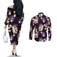 Purple Tropical Hawaii Couples Matching Off The Shoulder Long Sleeve Dress and Long Sleeve Button Shirt Seamless Monstera Plumeria Hawaiian Pattern LT14 - Polynesian Pride