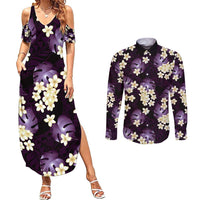 Purple Tropical Hawaii Couples Matching Summer Maxi Dress and Long Sleeve Button Shirt Seamless Monstera Plumeria Hawaiian Pattern LT14 Purple - Polynesian Pride